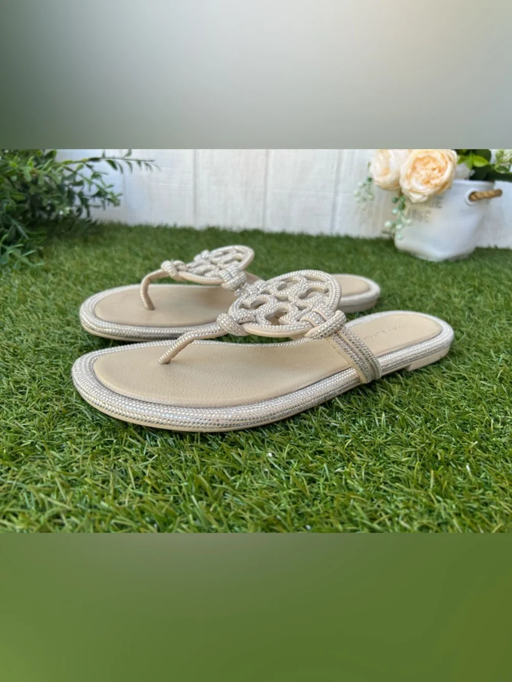 TORY BURCH Best Seller MILLER PAVÉ KNOTTED SANDAL 7.5 preowned  $300 Stone Gray